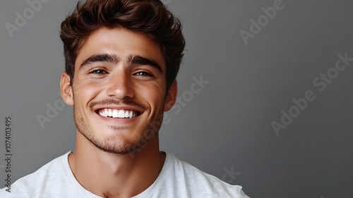 Young man with beautiful smile on gray background