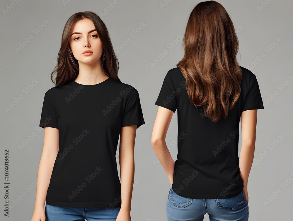 Young Woman Wearing Black casual t-shirt.Side view back Young Woman Wearing Black casual t-shirt.Side view back