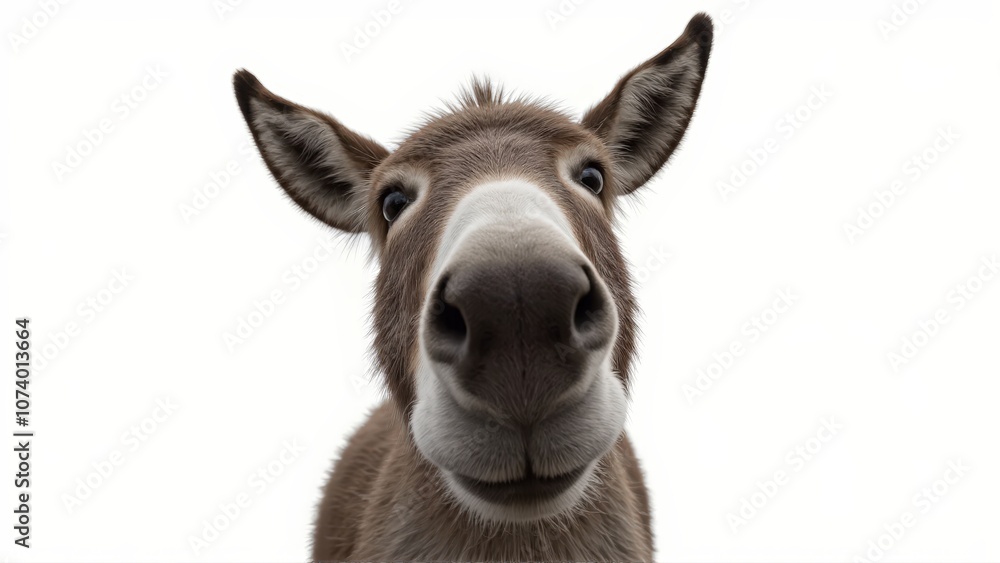 Generative AI, close-up of a gray donkey with soulful eyes against white background Generative AI, close-up of a gray donkey with soulful eyes against white background