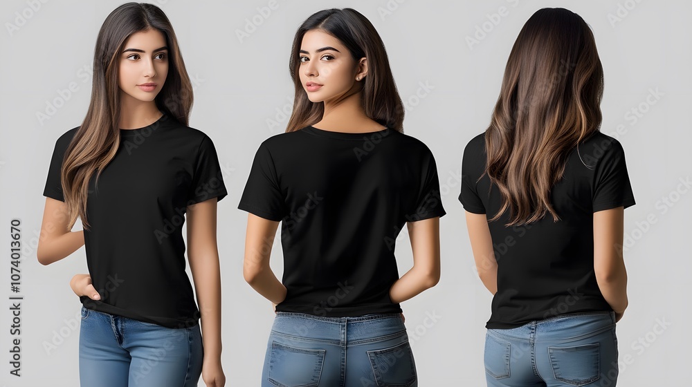 Obraz premium Young Woman Wearing Black casual t-shirt.Side view back