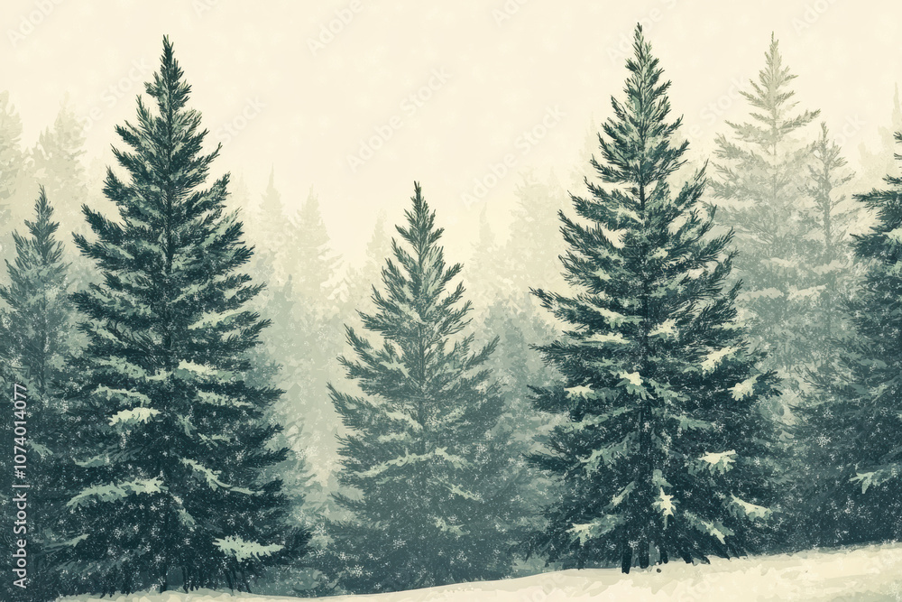 Obraz premium An image of a winter landscape with tall evergreen trees covered in a light dusting of snow., vintage greeting card illustration