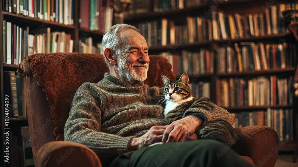 Older man with a gentle smile, sitting in a cozy armchair while a cat rests on his lap, surrounded by bookshelves in a dimly lit library, warm ambiance Older man with a gentle smile, sitting in a cozy armchair while a cat rests on his lap, surrounded by bookshelves in a dimly lit library, warm ambiance
