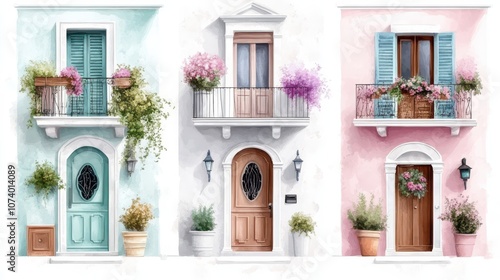 Charming European homes with decorative balconies and colorful plants adorning each unique front door