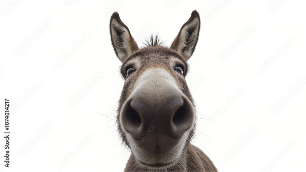 Generative AI, close-up of a gray donkey with soulful eyes against white background Generative AI, close-up of a gray donkey with soulful eyes against white background