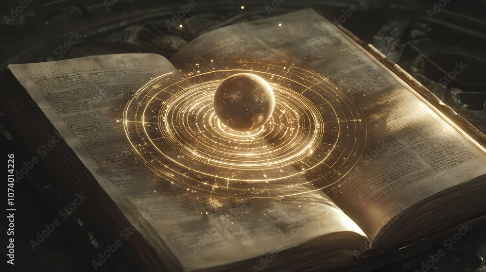 Solar system emerging from an open book. Arcane. Illustration