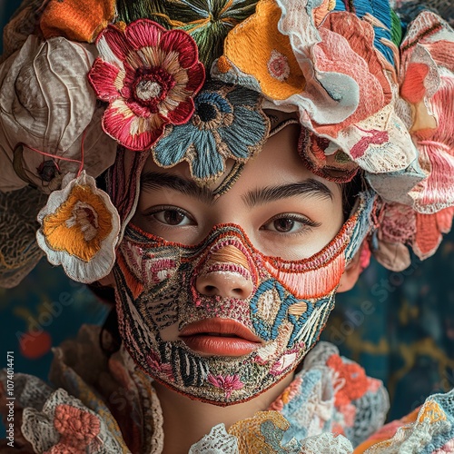 Artistic textile mask, floral motifs, organic lines, precise embroidery photo