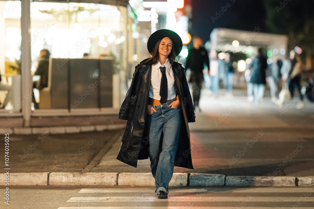 Fototapeta premium Stylish woman walking on crosswalk at night in urban city