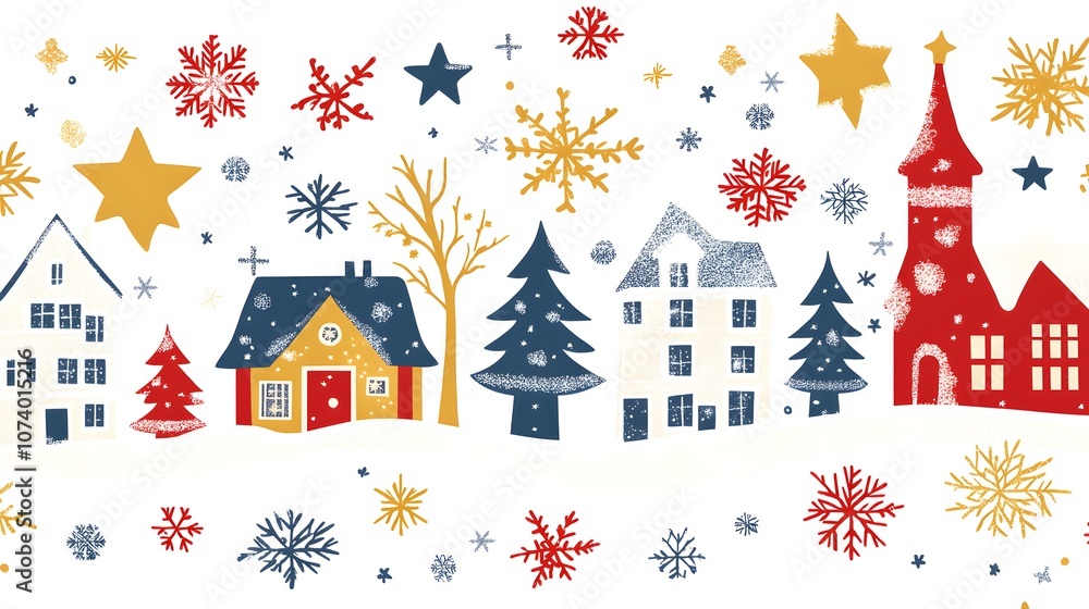 Scandinavian Christmas - vector seamless pattern. Winter clipart - Snowflakes, stars, houses, tree. Happy Holidays
Scandinavian Christmas - vector seamless pattern. Winter clipart - Snowflakes, stars, houses, tree. Happy Holidays