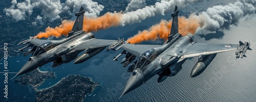 Two Dassault Rafale fighter jets flying in formation, leaving orange smoke trails over a coastal landscape