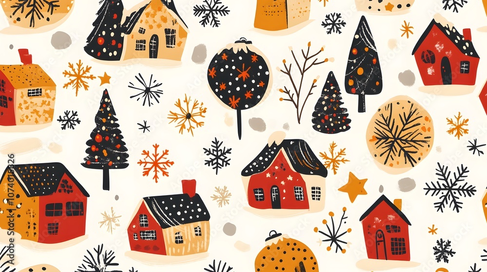 Scandinavian Christmas - vector seamless pattern. Winter clipart - Snowflakes, stars, houses, tree. Happy Holidays
Scandinavian Christmas - vector seamless pattern. Winter clipart - Snowflakes, stars, houses, tree. Happy Holidays