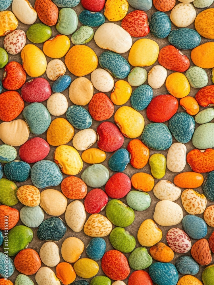 Colorful beans, lentils, and seeds are meticulously arranged to form an eye-catching abstract pattern on a smooth surface. Generative AI