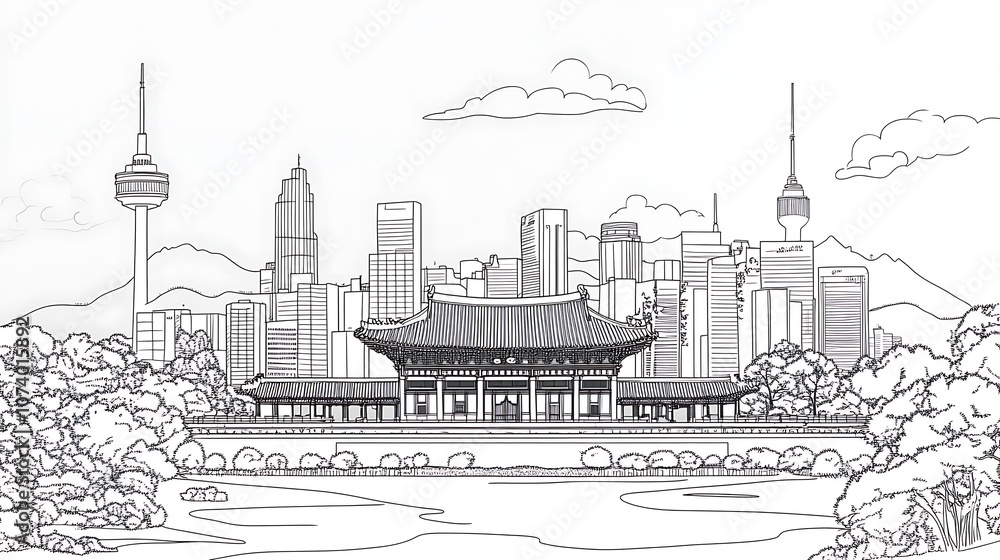 Fototapeta premium A line art vector illustration of the Seoul skyline