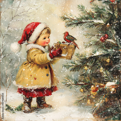 An image of a young child in a Santa hat and winter coat holding a small gift box with a bird perched on top, standing beside a decorated Christmas tree with snow gently falling.