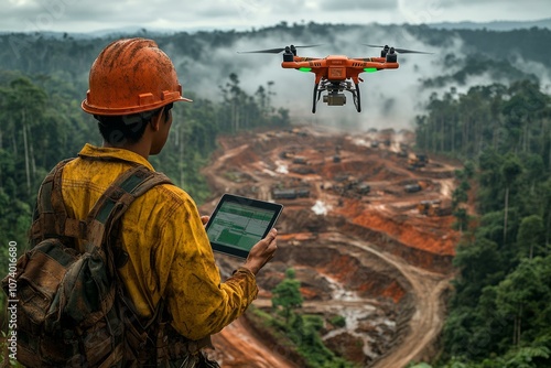  Drone technology in forest logging: worker oversees data collection in deforested landscape with tablet and drone. photo