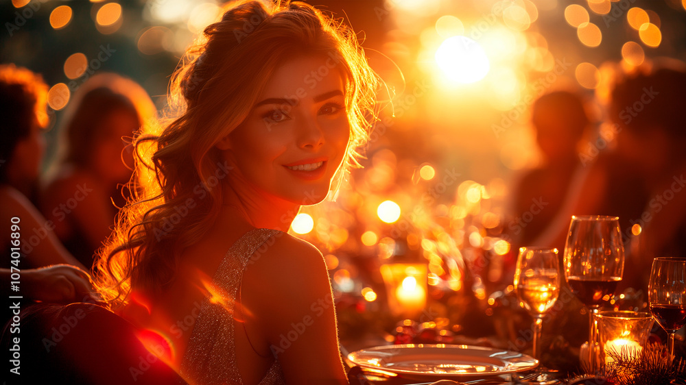 Festive holiday table scene. Joyful gathering with cheerful woman in the foreground, lively celebration wallpaper illustration backdrop. Festive holiday table scene. Joyful gathering with cheerful woman in the foreground, lively celebration wallpaper illustration backdrop.