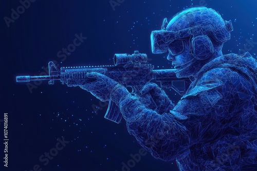 Wireframe Digital Illustration of a Soldier Holding a Rifle