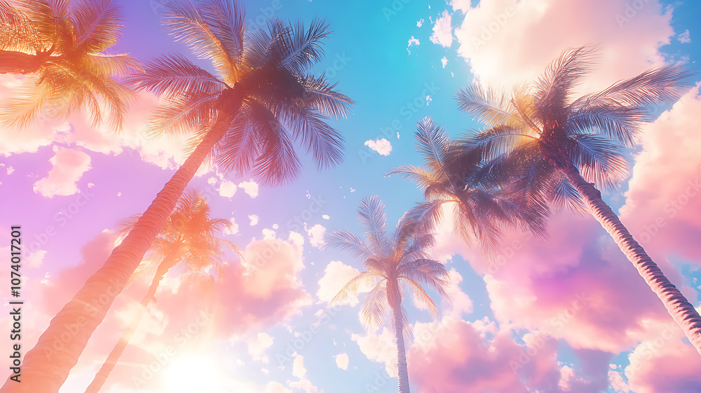 A vibrant holographic image of palm trees swaying in the breeze, with a backdrop of a sunny sky and colorful clouds A vibrant holographic image of palm trees swaying in the breeze, with a backdrop of a sunny sky and colorful clouds