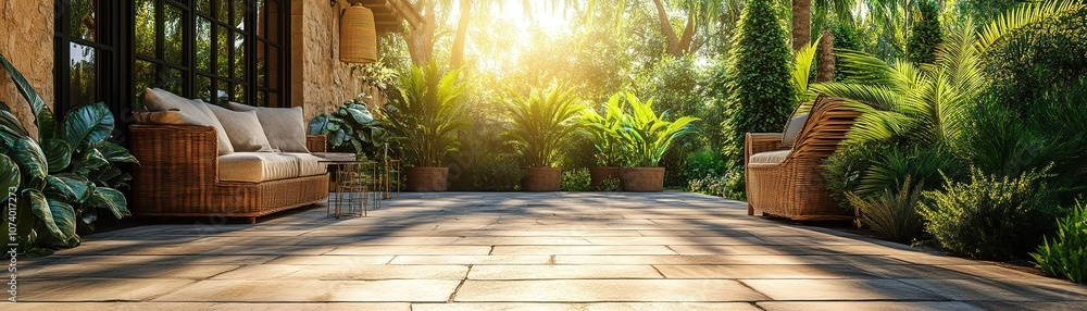 Obraz premium Transform your outdoor space into a lush retreat with comfortable seating and natural beauty
