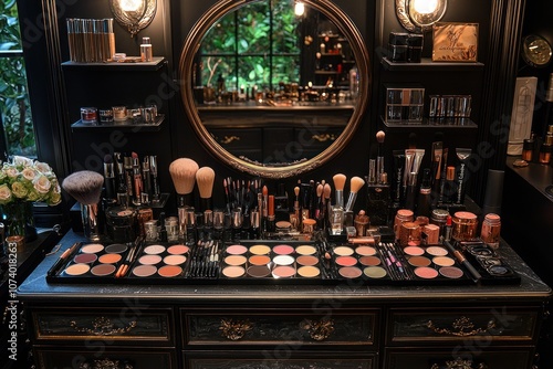 Makeup Vanity with Various Brushes and Products