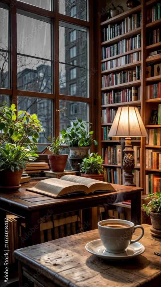 Coffee cup and an open book rest on a table, illuminated by natural light streaming through a nearby window. Ai generative video. Coffee cup and an open book rest on a table, illuminated by natural light streaming through a nearby window. Ai generative video.