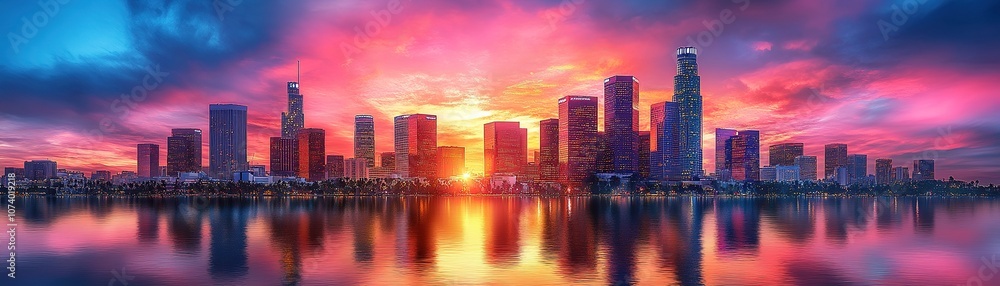 Fototapeta premium Stunning sunset over houston's urban skyline reflected in tranquil waters