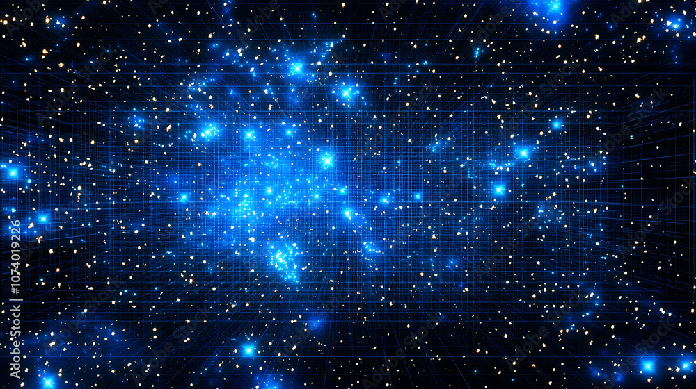 Fototapeta premium Blue starry sky background with pixel art stars and squares Simple geometric space grid pattern for game or motion graphics animation