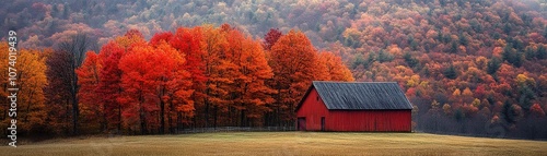 Breathtaking autumn landscape showcases a charming red barn surrounded by vibrant fall foliage
