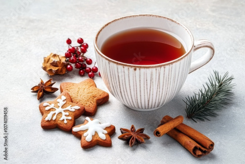 A cozy Christmas tea setup featuring a warm cup of tea surrounded by holiday gingerbread cookies in festive shapes, such as stars and trees.