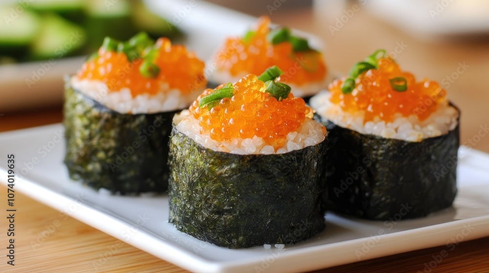 Vibrant Sushi Rolls with Orange Masago and Green Onions Vibrant Sushi Rolls with Orange Masago and Green Onions