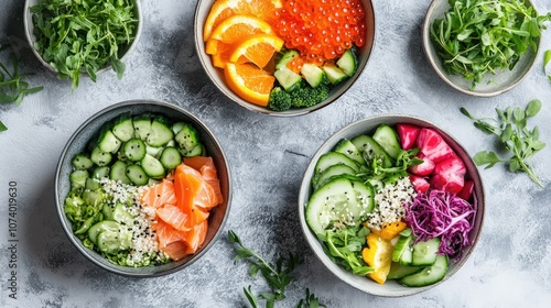 Fresh and Colorful Healthy Salad Bowls Arrangement