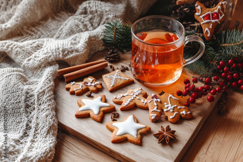 A cozy Christmas tea setup featuring a warm cup of tea surrounded by holiday gingerbread cookies in festive shapes, such as stars and trees.