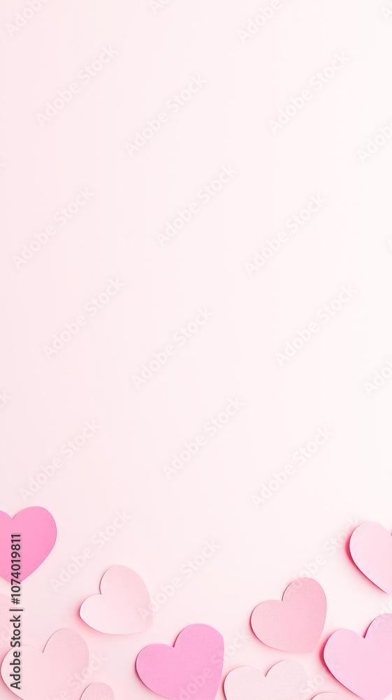 Minimalist pink hearts arranged along the bottom on a clean, soft pink background, perfect for Valentine's or romantic designs with open space. Minimalist pink hearts arranged along the bottom on a clean, soft pink background, perfect for Valentine's or romantic designs with open space.