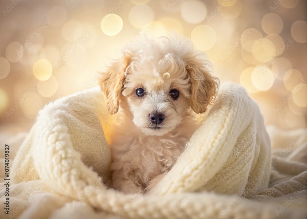 Adorable Small White Poodle Puppy Curiously Emerging from a Soft Beige Blanket in a Cozy Indoor Setting, Captured in a Dreamy Double Exposure Style Adorable Small White Poodle Puppy Curiously Emerging from a Soft Beige Blanket in a Cozy Indoor Setting, Captured in a Dreamy Double Exposure Style