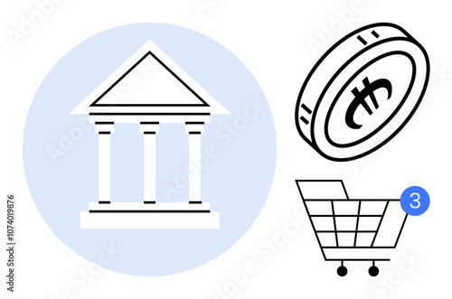 Bank building with pillars, bitcoin coin, shopping cart with notification badge. Ideal for finance, banking, cryptocurrency, e-commerce, digital payments investment online shopping. Line metaphor