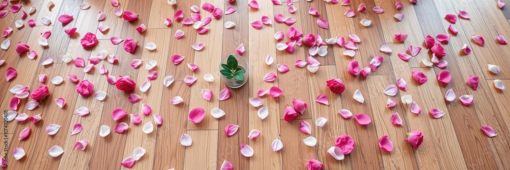 Fallen rose petals scattered across a hardwood floor, petals, floral Fallen rose petals scattered across a hardwood floor, petals, floral