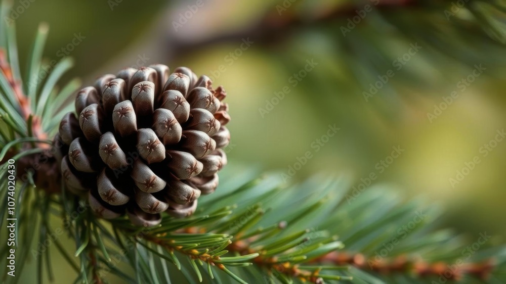 Close up of a pinecone resting on a pine tree branch with soft natural lighting, close up, woods Close up of a pinecone resting on a pine tree branch with soft natural lighting, close up, woods