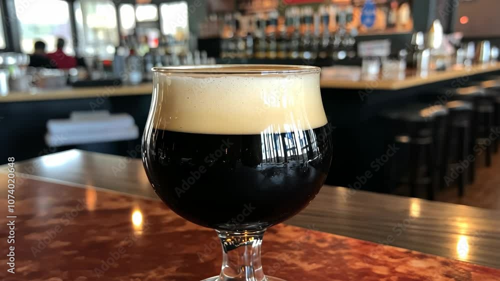 A glass of dark beer sits on a wooden bar counter in a dimly lit pub A glass of dark beer sits on a wooden bar counter in a dimly lit pub