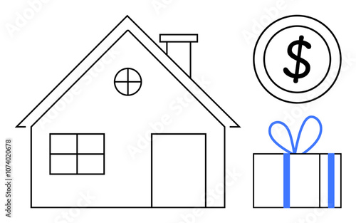 House outline with chimney, window, and circular window to the left. Dollar coin and gift box with blue ribbon on the right. Ideal for real estate, investment, Christmas, home buying, mortgages