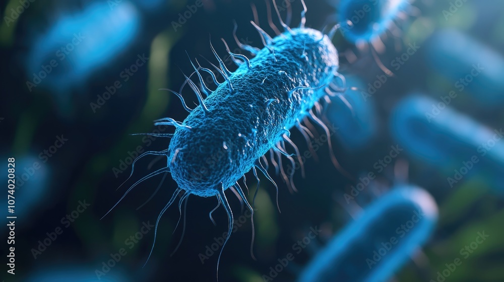 Medical illustration of E coli bacteria located in intestinal flora depicted in blue under microscopic examination 3D rendering Medical illustration of E coli bacteria located in intestinal flora depicted in blue under microscopic examination 3D rendering