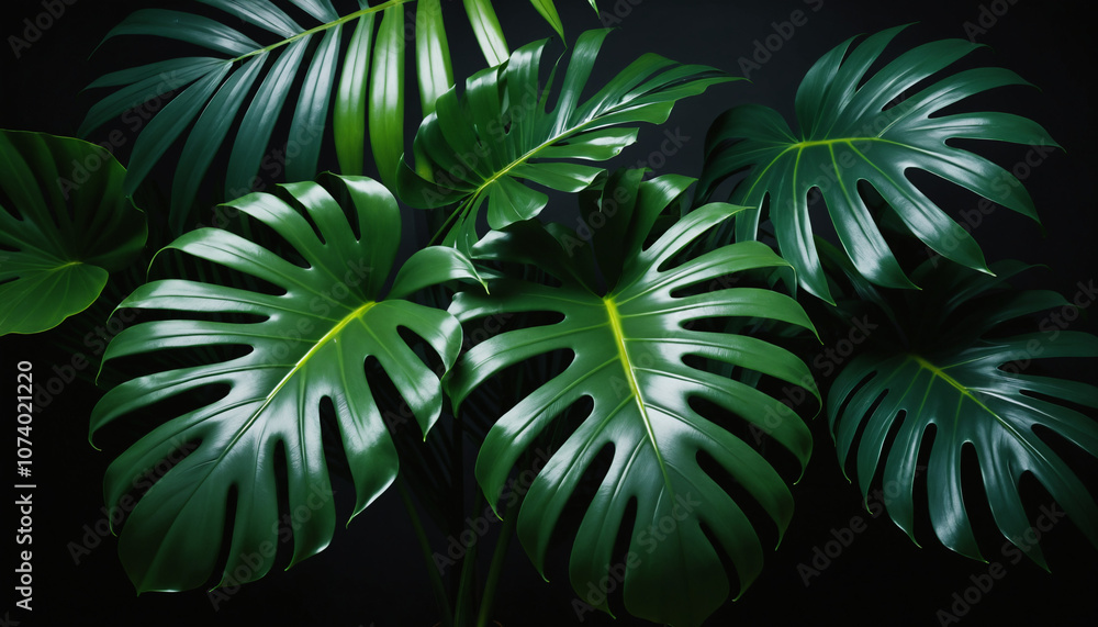 Hojas tropicales en un fondo oscuro Hojas tropicales en un fondo oscuro