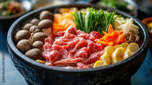 fresh ingredients in bowl for hot pot preparation