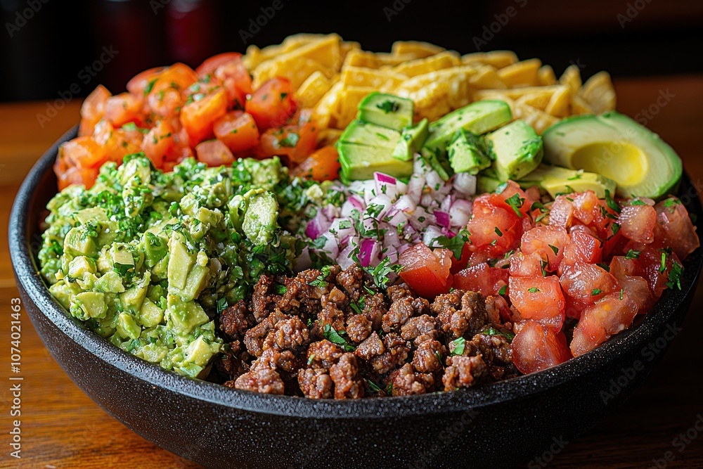 A Bowl of Ground Beef, Avocado, Tomatoes, Onions, and Tortilla Chips A Bowl of Ground Beef, Avocado, Tomatoes, Onions, and Tortilla Chips