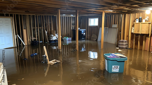 Flooded basement with failed sump pump and standing water photo