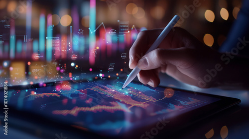 Hands using a digital pen to interact with a tablet, surrounded by floating data charts and statistics, symbolizing the integration of technology in data analysis and business stra photo