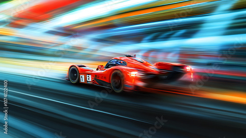 High-speed racing car captured in digital art, showcasing the intensity and thrill of competitive motorsports with dynamic motion blur