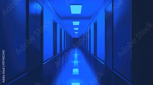 Defocused Image Of A Long Empty Corridor With A Door Illuminated By Blue Light In The Realm Of Mental Health And Norms