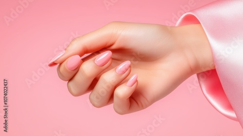 Elegant human hand forming a pinched gesture against a salmon-colored gradient background