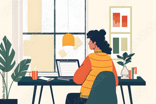 Illustration of a woman working on a laptop by the window, with plants and a cozy ambiance, creating a home office vibe.