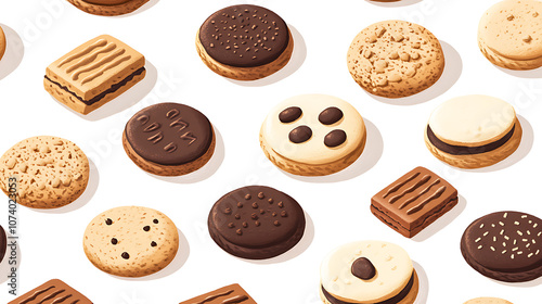 Isometric illustrations of various cookies on a white background, including tasty cookies, oatmeal cookies, and chocolate sandwich cookies