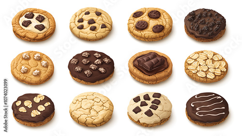 Isometric illustrations of various cookies on a white background, including tasty cookies, oatmeal cookies, and chocolate sandwich cookies